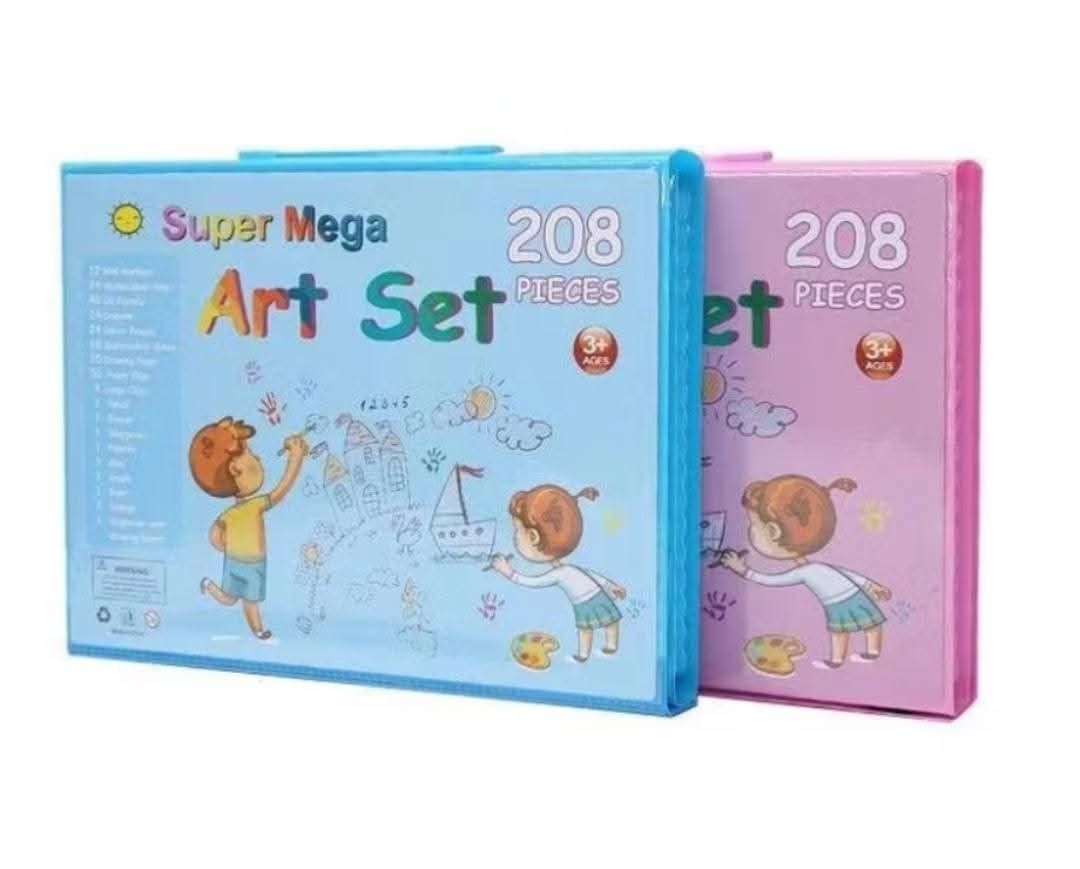 Super Mega Art Set 208 Pieces (Category: Art & Prints) located in Manila. Submitted by asstditems (Listing ID 1425544963, Image 2). Description: Super Mega Art Set includes 208 pieces. It comes with various art supplies, including crayons, markers, and colored pencils. The set also features a built-in easel for convenient drawing and painting. Suitable for children aged 3 and above. Available in blue and pink..