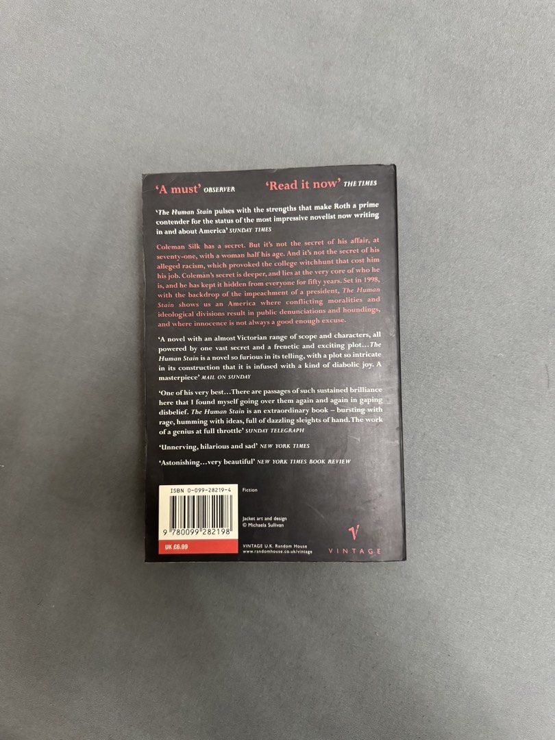 The Human Stain by Philip Roth (Category: Storybooks) located in Paranaque City. Submitted by redreads (Listing ID 1425573569, Image 2). Description: paperback size. tanning and foxing are visible. book is authentic, not reprint. rfs: decluttering, need shelf space for new books; duplicate copy MOP: Gcash | BDO MOD: Lalamove | J&T (shipping fee to be shouldered by buyer).