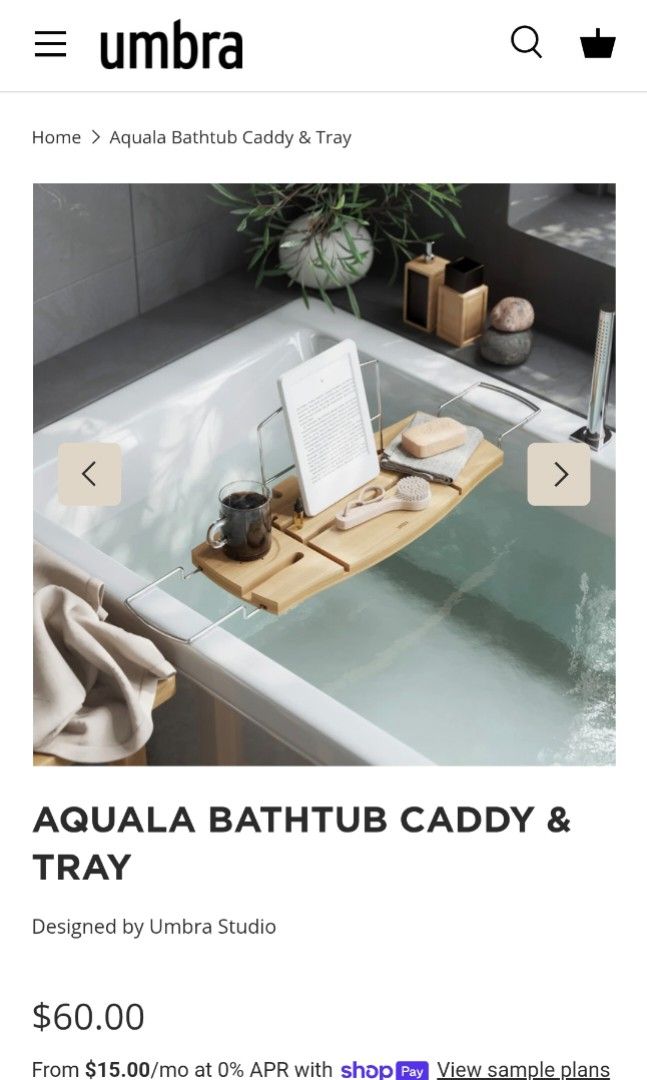 Umbra aquala bathtub caddy & tray (Category: Bathtub & Bath Accessories) located in Dasmarinas. Submitted by millennialmeetsvintage (Listing ID 1425546794, Image 1). Description: unused with damaged box last price posted 🌍ships from DASMA, CAVITE 🚚 shipping via Lalamove only ❌no reservations, first-to-pay basis ❌no physical store, no walk-ins ❌no COD transactions.