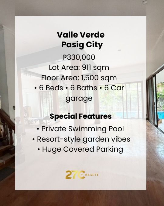 Valle Verde 4 House with Pool for Rent (Category: House & Lot) located in Quezon City. Submitted by 27crealty-2 (Listing ID 1424957246, Image 2). Description: Valle Verde 4 House with Pool for Rent THIS HOUSE IS CRAZY BIG POV: You rent a house… and it looks like a private resort. Welcome to Valle Verde 4, where space is not a problem. ✨ Lot Area: 911 sqm 🛏 6 Bedrooms 🛁 6 Bathrooms 🏊 Private Swimming Pool 🚗 Huge Covered Parking 🌴 Resort-style