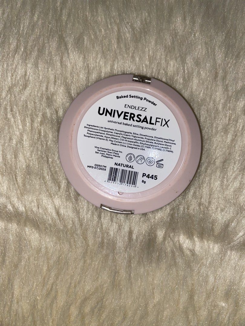 Vice Cosmetics Endlezz Universal Fix Baked Setting Powder (Category: Makeup) located in Caloocan City. Submitted by declutterbycha (Listing ID 1425563848, Image 3). Description: -bought for 445 -use around 5-6 times Honest issue: Nasira iyong takip RFS: Hindi hiyang sa’kin 💰MODE OF PAYMENT: Unionbank, Gotyme, Gcash 📦MODE OF DELIVERY: J & T Express, Grab, Lalamove .