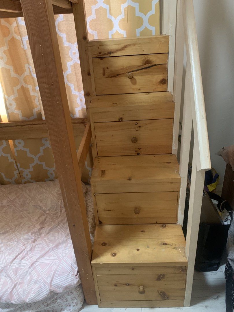 Wooden Bunk Bed with Storage Steps (Category: Bed Frames & Mattresses) located in Quezon City. Submitted by coffeeandcodals (Listing ID 1425470042, Image 3). Description: Length: 6ft 9 inches Height: 7ft Height nung below the bed: 4ft 6 inches Width: 3ft 2.5in 🤍Location: Pulilan, Bulacan 🤍Single loft bed with uratex foam nasa baba hehe 🤍Wooden bunk bed with integrated steps that also function as storage drawers. The bed frame is made of light-