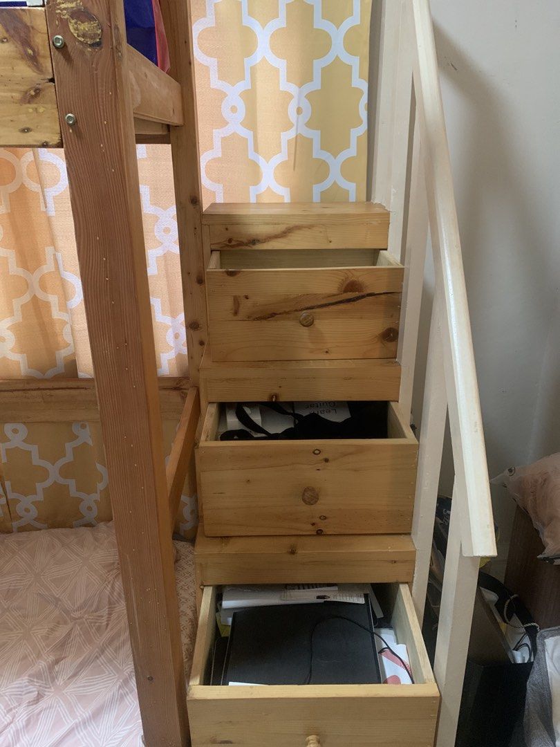 Wooden Bunk Bed with Storage Steps (Category: Bed Frames & Mattresses) located in Quezon City. Submitted by coffeeandcodals (Listing ID 1425470042, Image 2). Description: Length: 6ft 9 inches Height: 7ft Height nung below the bed: 4ft 6 inches Width: 3ft 2.5in 🤍Location: Pulilan, Bulacan 🤍Single loft bed with uratex foam nasa baba hehe 🤍Wooden bunk bed with integrated steps that also function as storage drawers. The bed frame is made of light-