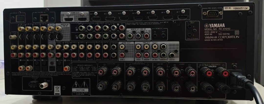 Yamaha AVENTAGE RX-A1010 (Category: Soundbars, Speakers & Amplifiers) located in Santa Rosa. Submitted by jingjingthecat (Listing ID 1425517366, Image 3). Description: Yamaha RX-A1010 Mid-Range 7.2-Channel Amplifier. A classic high-end AVENTAGE series amplifier, featuring solid build quality and a delicate yet dynamic sound. Key Specifications: Output Power: 110W x 7 channels (8 ohms) HDMI Interface: 8 inputs / 2 outputs (supports ARC and 3D) Spe