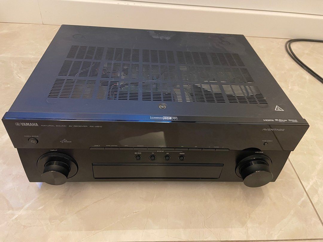 Yamaha AVENTAGE RX-A810 AV Receiver (Category: Soundbars, Speakers & Amplifiers) located in Santa Rosa. Submitted by jingjingthecat (Listing ID 1425520295, Image 1). Description: 7-channel amplifier 100 watts per channel into 8 ohms (20-20,000 Hz) at 0.09% THD, with 2 channels driven Dolby® True HD, and DTS-HD™ Master Audio, Dolby® Digital Plus, DTS-HD™ High Resolution Audio analog-to-HDMI video up conversion (up to 1080p) Cinema DSP modes add ri