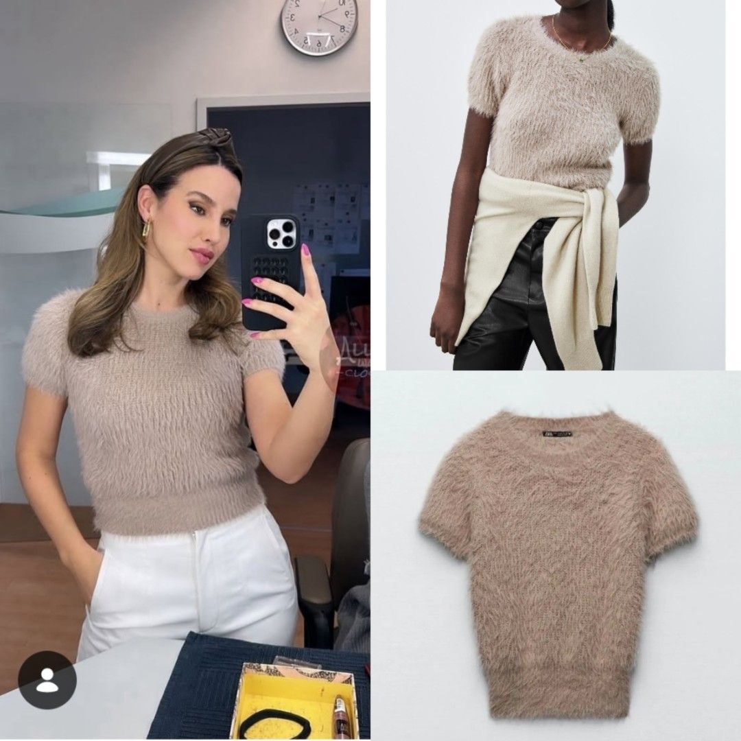 Zara Fuzzy Short Sleeve Top (Category: Blouses) located in Mexico. Submitted by jadepreloved.239 (Listing ID 1425570219, Image 1). Description: Zara top features a soft, fuzzy texture and short sleeves. It has a round neckline and a neutral, light brown color. It's a versatile piece that can be dressed up or down. L on tag but best fit for M - L.