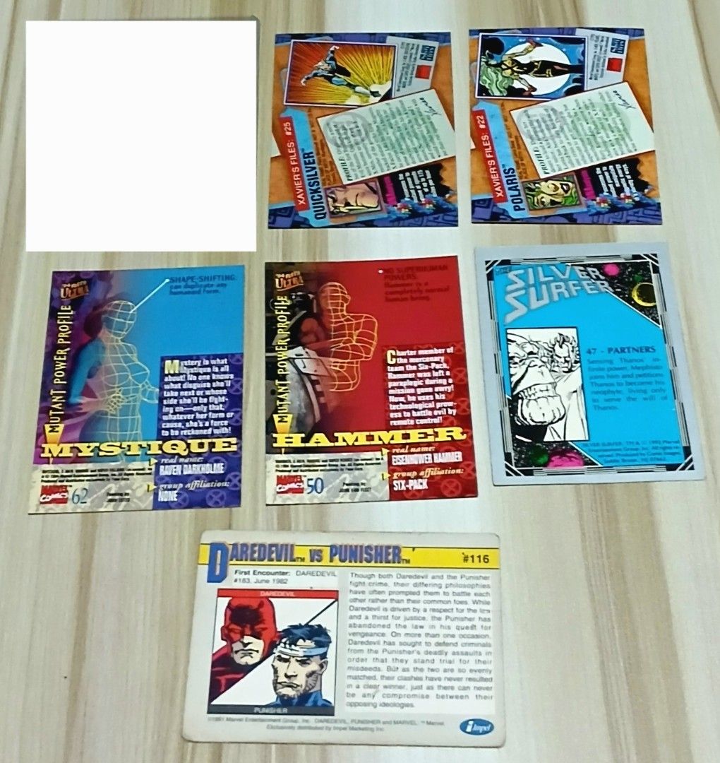 90's Marvel Cards (Category: Raw Singles) located in Quezon City. Submitted by mrs.maria (Listing ID 1423545512, Image 2). Description: - Quicksilver, Polaris, Mystique, Hammer and Daredevil vs. Punisher 80 each..