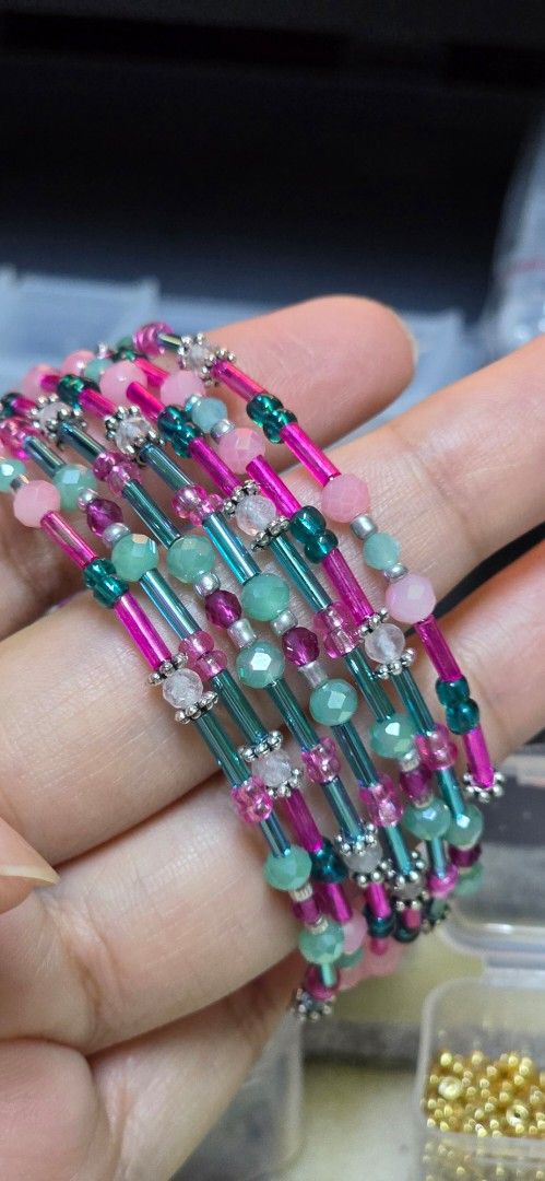 Amazonite Ruby Clear Quartz Beaded Bracelet Stack (Category: Bracelets) located in Seremban. Submitted by nutellabananacrepe (Listing ID 1429642772, Image 3). Description: A hand-beaded bracelet stack made with amazonite, ruby, and clear quartz, combined with delicate seed beads for a soft layered look. Designed to bring balance, confidence, and amplified energy, this piece is perfect for everyday wear or stacking. Lightweight, feminine, and easy