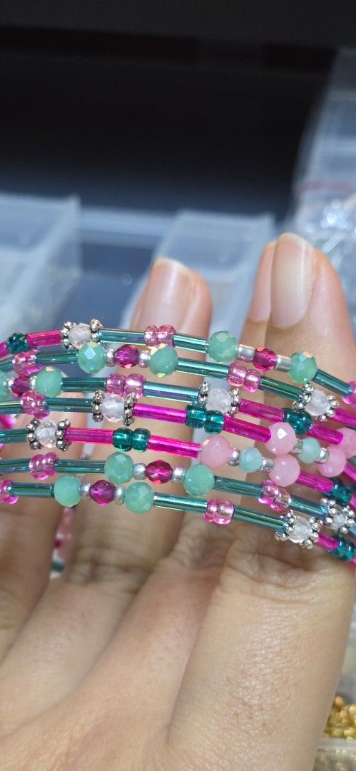 Amazonite Ruby Clear Quartz Beaded Bracelet Stack (Category: Bracelets) located in Seremban. Submitted by nutellabananacrepe (Listing ID 1429642772, Image 2). Description: A hand-beaded bracelet stack made with amazonite, ruby, and clear quartz, combined with delicate seed beads for a soft layered look. Designed to bring balance, confidence, and amplified energy, this piece is perfect for everyday wear or stacking. Lightweight, feminine, and easy