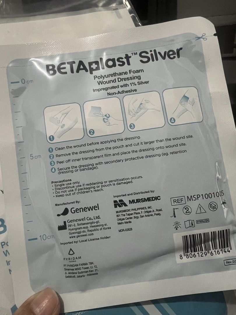 BETAplast Silver Polyurethane Foam Wound Dressing (Category: Medical Supplies & Tools) located in Manila. Submitted by cheek888 (Listing ID 1429567250, Image 3). Description: BETAplast Silver Polyurethane Foam Wound Dressing Very effective on wound infections Php500 each, i have 4 pieces.