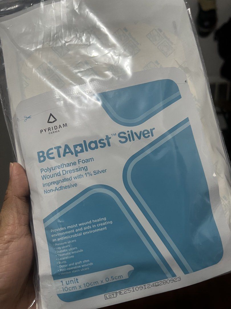 BETAplast Silver Polyurethane Foam Wound Dressing (Category: Medical Supplies & Tools) located in Manila. Submitted by cheek888 (Listing ID 1429567250, Image 1). Description: BETAplast Silver Polyurethane Foam Wound Dressing Very effective on wound infections Php500 each, i have 4 pieces.
