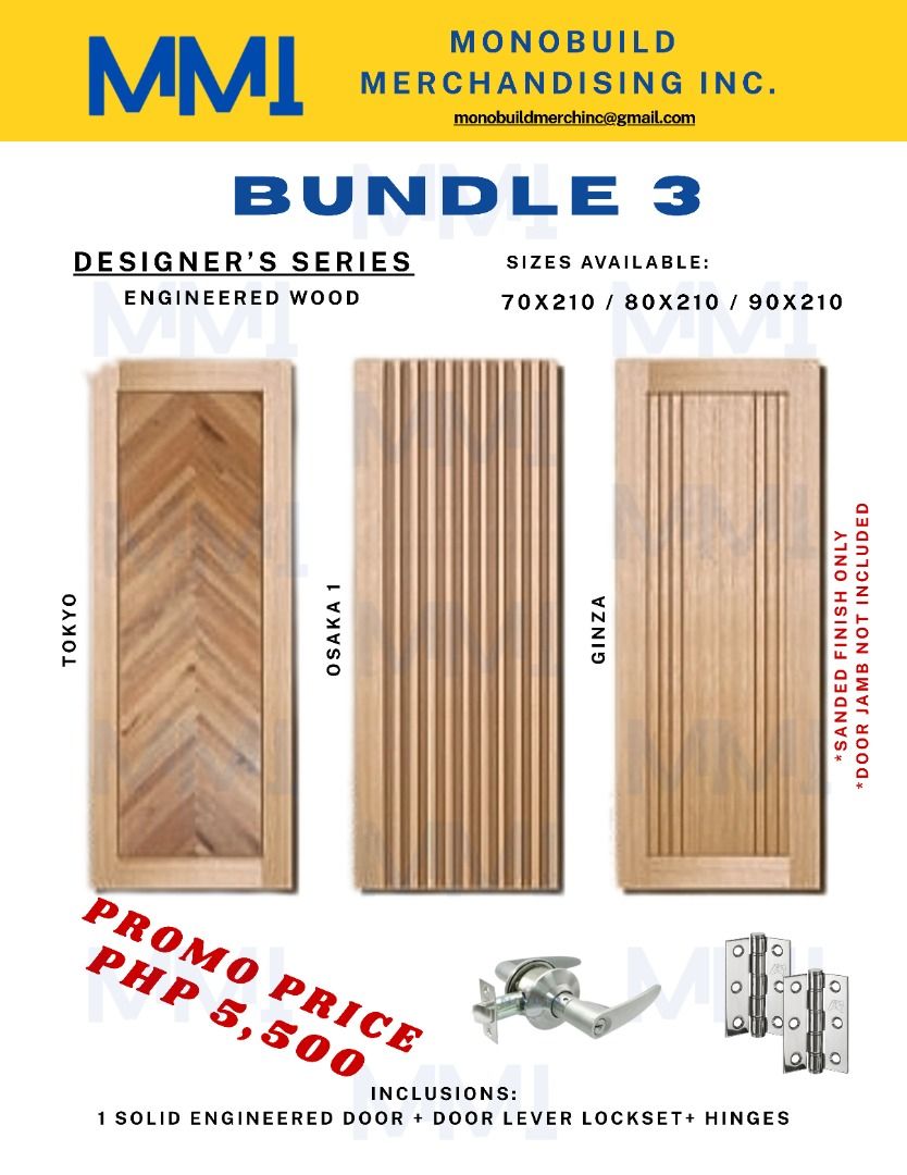 BUNDLE 3: DESIGNER'S SERIES [IN-STOCK] (Category: Locks, Doors & Gates) located in Quezon City. Submitted by monobuild_merchandising (Listing ID 1429543122, Image 1). Description: ‼️ AVAILABLE IN STOCK ‼️ 📌DESIGNER'S SERIES -engineered wood -sanded finish only - door jamb not included - PM for more info and other inquiries -Payment is NON-REFUNDABLE 📍INCLUSIONS: 1 pc Designer's Series door 1 pc levertype lockset 4 pcs SS Hinges AVAILABLE SIZES: