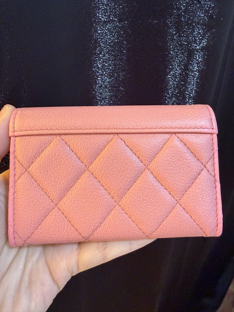 Chanel Pink Small Wallet Cardholder (Category: Luxury Bags & Wallets) located in Cavite. Submitted by cha____r (Listing ID 1429560865, Image 2). Description: Selling my personal Chanel small wallet/cardholder Grained leather (Caviar) Super cute pink color 💕 Hologram is still intact Comes with its original box and authenticity card Made in Italy Issue: Retouched color on glazing, needs cleaning Rfs: eyeing to buy a black one 🥰.