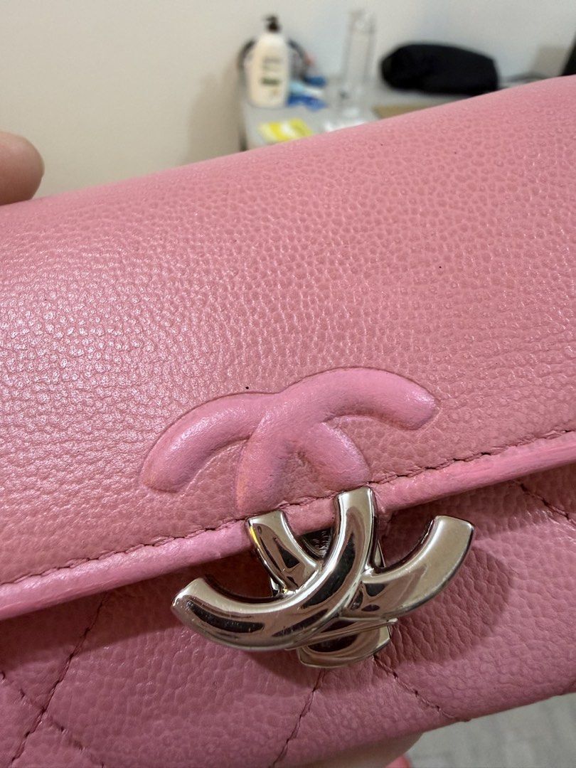 Chanel Pink Small Wallet Cardholder (Category: Luxury Bags & Wallets) located in Cavite. Submitted by cha____r (Listing ID 1429560865, Image 3). Description: Selling my personal Chanel small wallet/cardholder Grained leather (Caviar) Super cute pink color 💕 Hologram is still intact Comes with its original box and authenticity card Made in Italy Issue: Retouched color on glazing, needs cleaning Rfs: eyeing to buy a black one 🥰.