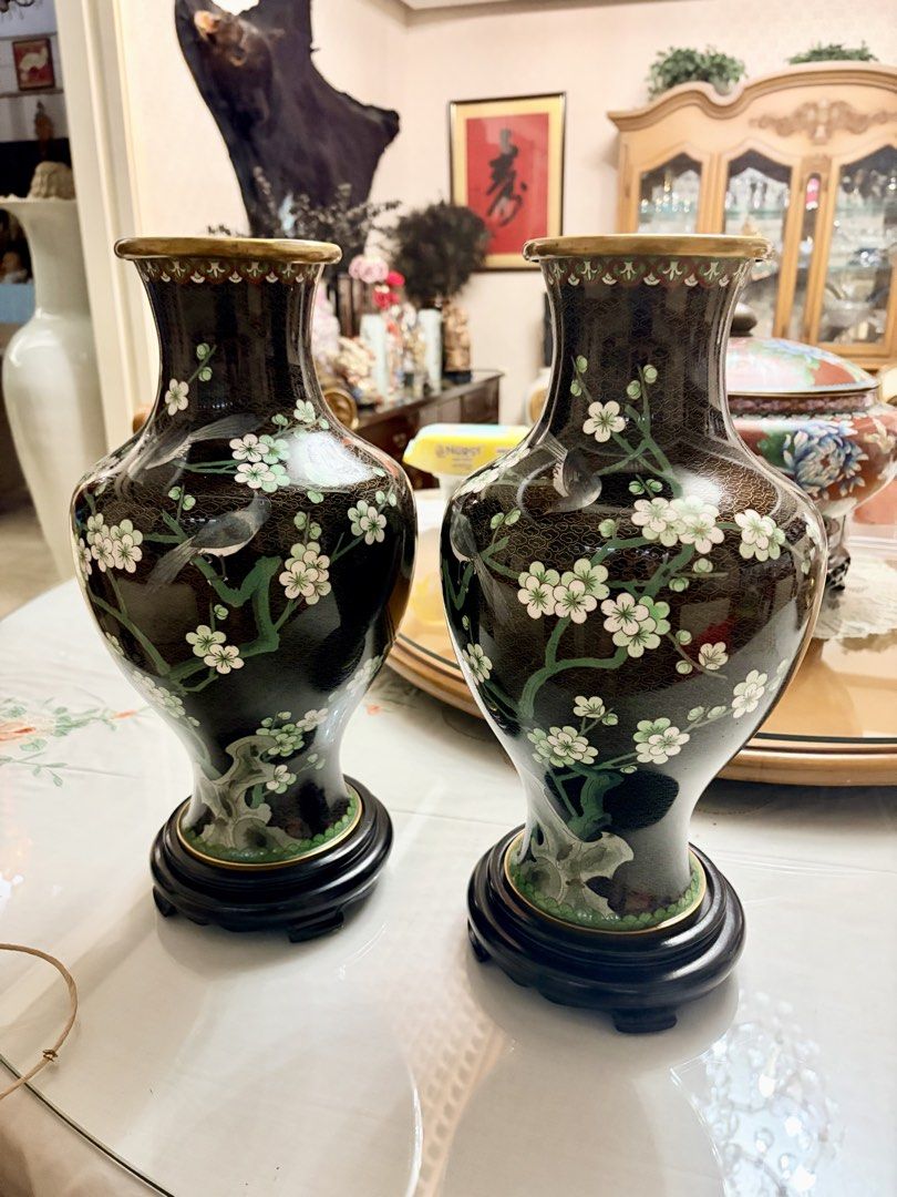 Cloisonnè jars and bowls (Category: Vases & Decorative Bowls) located in Pasig City. Submitted by stephtdizon (Listing ID 1429665944, Image 2). Description: First picture * vibrant cobalt blue with intricate floral and avian patterns Second picture * family noire with deep black enamel ground Third and fourth picture * lidded vase or ginger jar with vibrant spring bouquet with lilies and chrysanthemums Fifth and sixth picture (set) * plum blossom