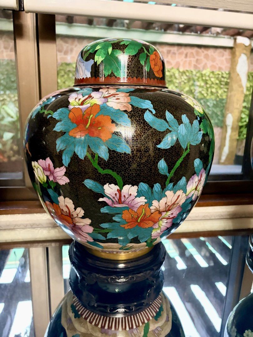 Cloisonnè jars and bowls (Category: Vases & Decorative Bowls) located in Pasig City. Submitted by stephtdizon (Listing ID 1429665944, Image 3). Description: First picture * vibrant cobalt blue with intricate floral and avian patterns Second picture * family noire with deep black enamel ground Third and fourth picture * lidded vase or ginger jar with vibrant spring bouquet with lilies and chrysanthemums Fifth and sixth picture (set) * plum blossom