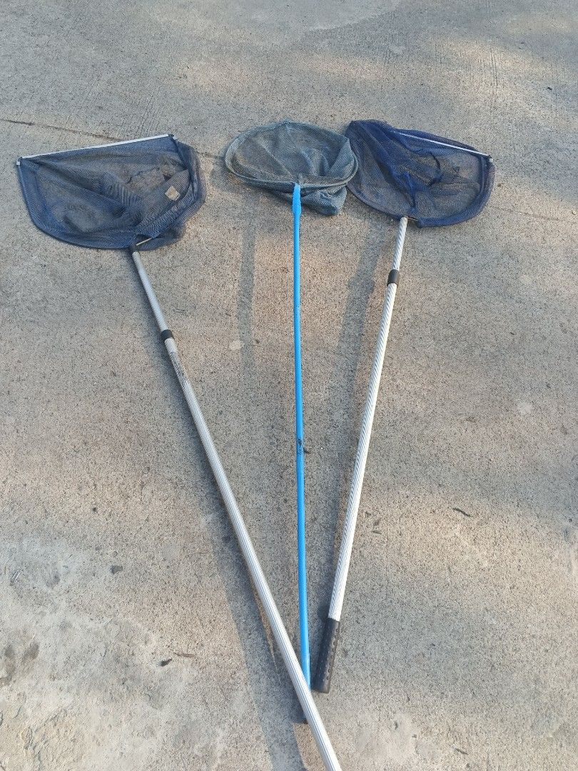 Fishing Nets - Various Sizes 150each (Category: Fishing) located in Caloocan City. Submitted by surplusandbnewshop (Listing ID 1429510313, Image 1). Description: Set of fishing nets in various sizes. Includes nets with blue and gray mesh. The handles are made of metal and plastic. One handle is blue, and the others are silver. Perfect for catching fish in ponds or small bodies of water..
