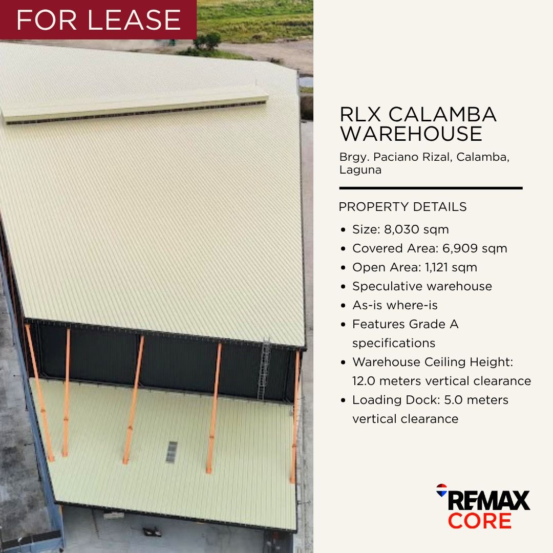FOR LEASE: RLX Warehouse in Calamba, Laguna (Category: Commercial) located in Paranaque City. Submitted by nadelynrealty (Listing ID 1429538943, Image 1). Description: FOR LEASE: RLX Warehouse in Calamba, Laguna Address: Brgy. Paciano Rizal, Calamba, Laguna Item ID: C-0507 PROPERTY DETAILS: ✅ Size: 8,030 sqm ✅ Covered Area: 6,909 sqm ✅ Open Area: 1,121 sqm ✅ Speculative warehouse, as-is where-is ✅ Features Grade A specifications ✅ Warehouse Ceili