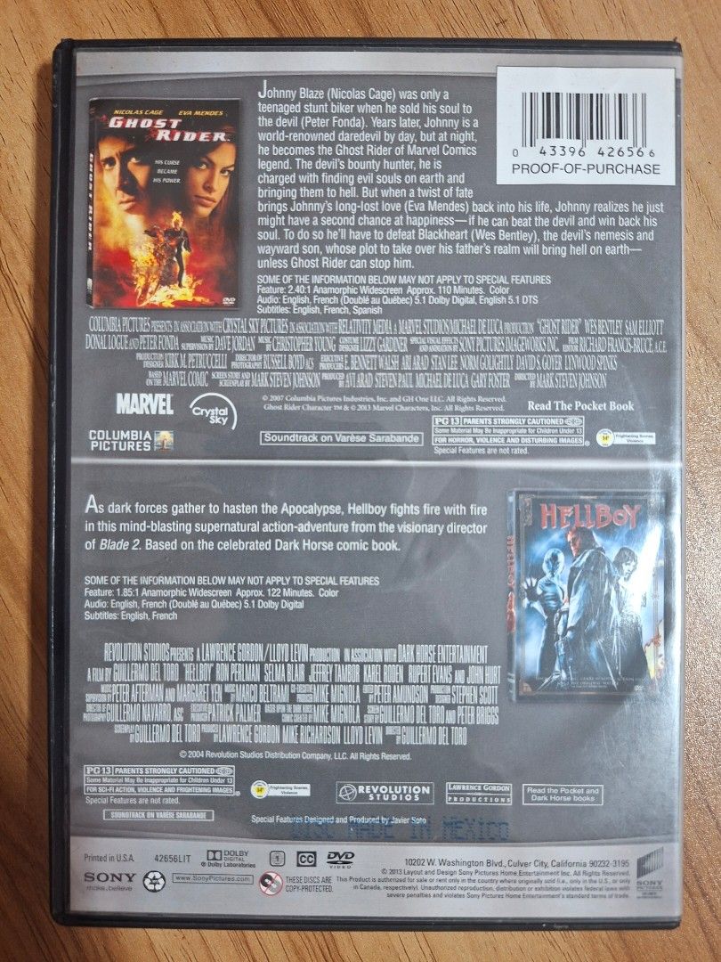 Ghost Rider & Hellboy Double Feature DVD (Category: CDs & DVDs) located in Kabankalan. Submitted by Videoshop.ph (Listing ID 1429621530, Image 2). Description: Double feature DVD featuring Ghost Rider and Hellboy. Includes both movies on two discs. The case shows the movie titles and actors. The back of the case has a plot summary for each movie. A Marvel and Columbia Pictures production..