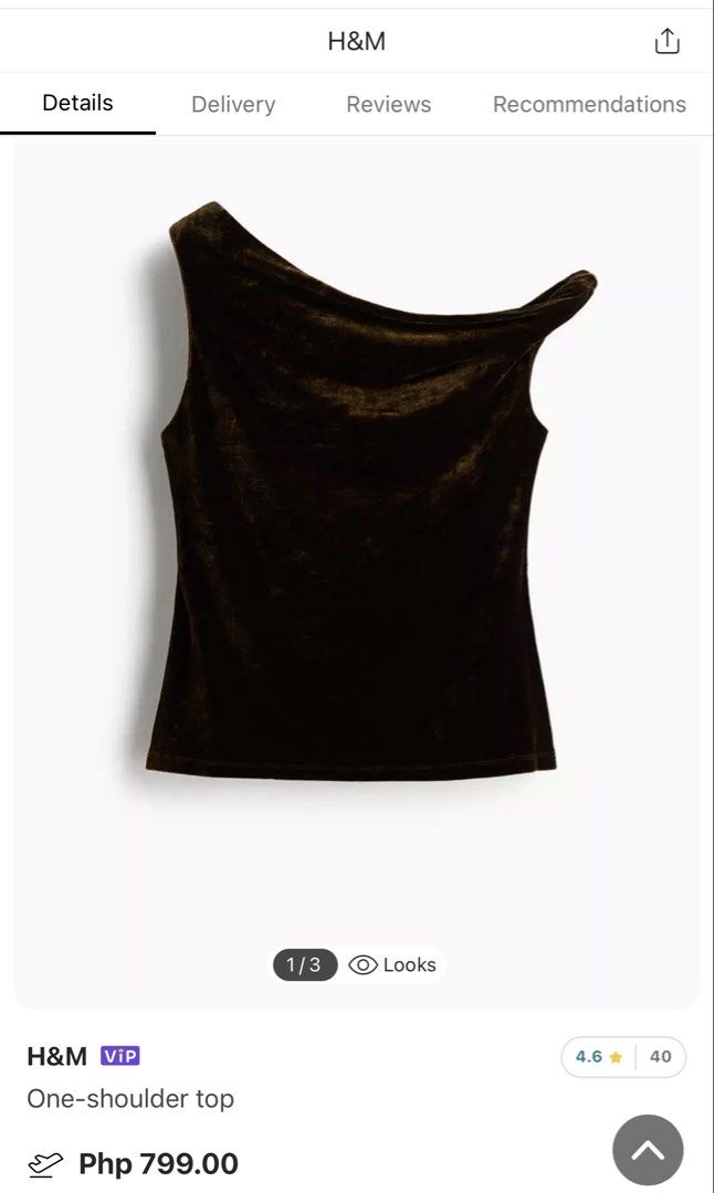 H&M Velvet One-shoulder Top (Category: Sleeveless) located in Caloocan City. Submitted by dimpsymc19 (Listing ID 1429511361, Image 2). Description: USED ONCE.