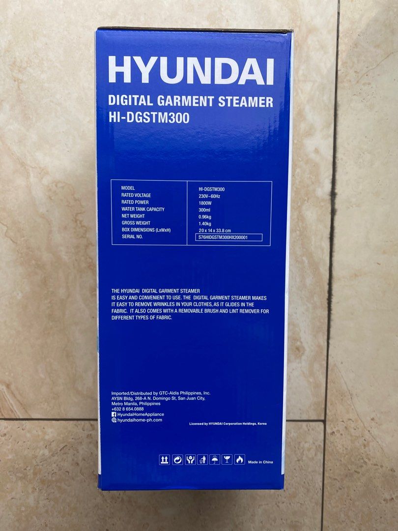 Hyundai Digital Garment Steamer (Category: Irons & Steamers) located in Pasay City. Submitted by kkalien (Listing ID 1429588719, Image 2). Description: Hyundai HI-DGSTM300 Digital Garment Steamer Detachable Water Tank Nonstick Teflon Plate Anti-Drip Function Touch Screen Power On/Off Power Consumption: 1800 Capacity: 300 ml Garment Steamer Type: Travel, Handheld Input Voltage: 230 Wattage: 800 W The shipping fee would be shouldered by the buyer. 