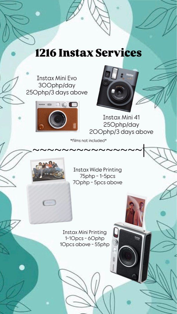 INSTAX MINI RENTAL AND MINI/WIDE PRINTING (Category: Cameras) located in Quezon City. Submitted by jo.1216 (Listing ID 1429652784, Image 1). Description: ✨ Turn your moments into memories you can hold ✨ Whether you’re capturing memories on an Instax camera 📸 or printing your favorite phone photos, we’ve got you covered! No camera? No problem — rent an Instax and snap away. Already have photos you love? Let’s bring them to life as cute, tangible 