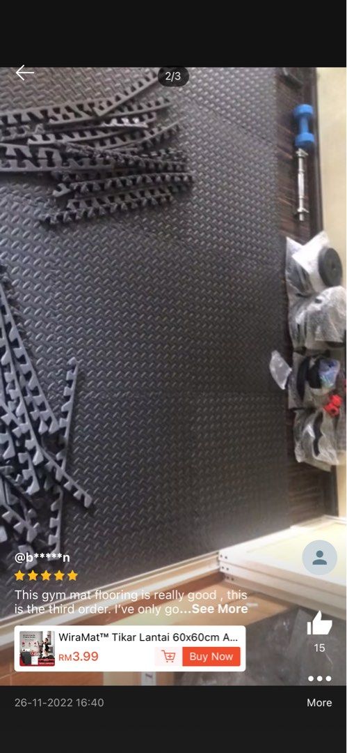Interlocking Exercise Mat (Category: Exercise Mats) located in Kuala Lumpur. Submitted by cheong121 (Listing ID 1427052931, Image 3). Description: 4 x Interlocking exercise mat 60cm x 60cm Thickness 12mm - Perfect for home workouts - Cushioned surface - Dark grey color - Textured surface for grip - Easy to assemble and disassemble Very light scratches, still usable COD/meet up Cheras area.