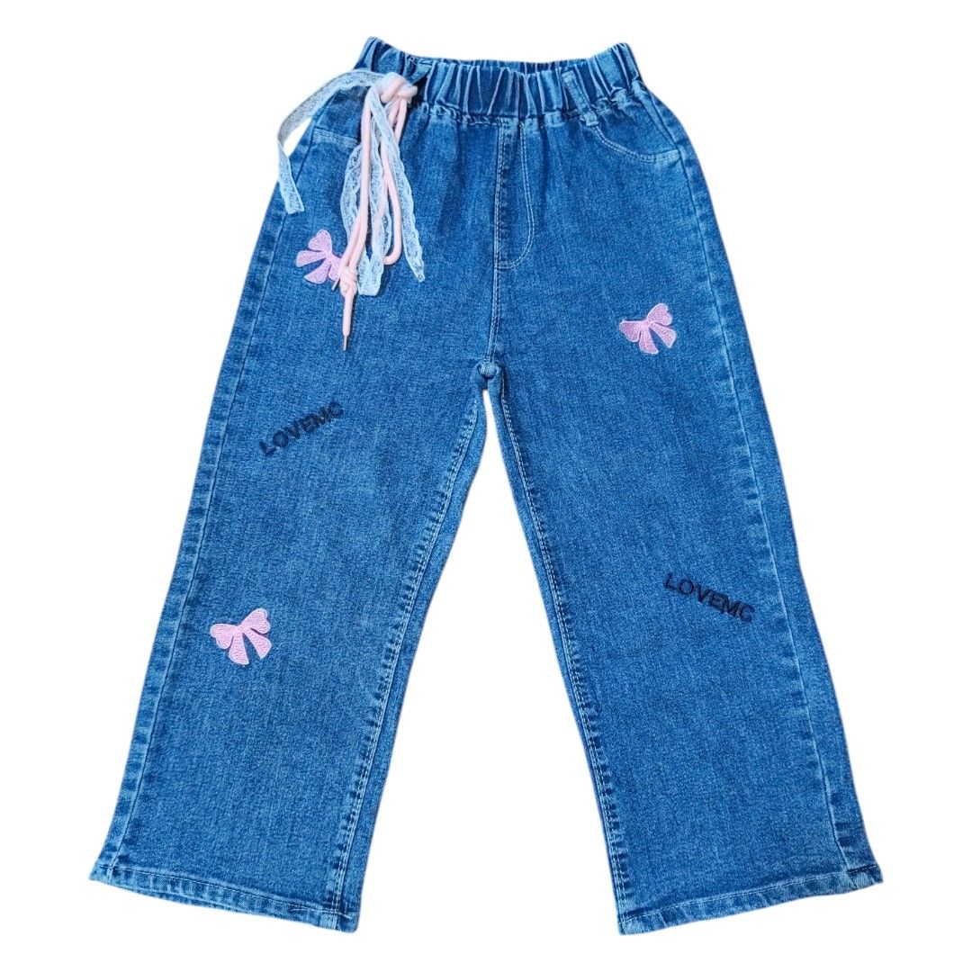 Kids' Denim Jeans with Bows (Category: Babies & Kids Fashion) located in Calamba. Submitted by charuriisu (Listing ID 1429573655, Image 1). Description: Garterized, comes with lace ribbon tie to use decoratively or as belt. Worn thrice, still like new. W: 18-28" L: 28" R: 11" 🧾 GCash, Maya, BPI, PayPal (🚫 COD).