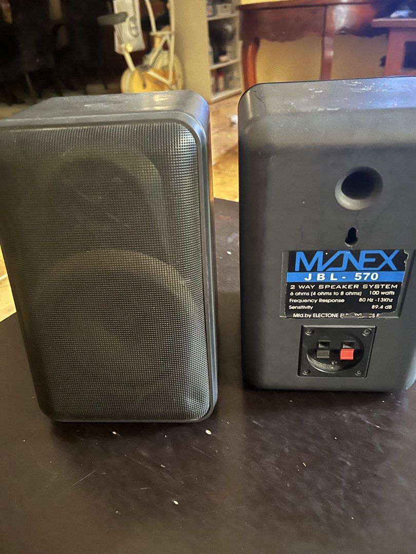 Manex JBL-570 100watts 6ohm 80Hz (Category: Soundbars, Speakers & Amplifiers) located in Las Pinas. Submitted by jerri44 (Listing ID 1429545121, Image 1). Description: Bookshelves type speaker JBL-570 Manuf. by Electone Electronic Phils 1 pair 100 watts 4-8 ohms Freq. response 80hz - 1.3khz Sensitivity 89.4 dB.