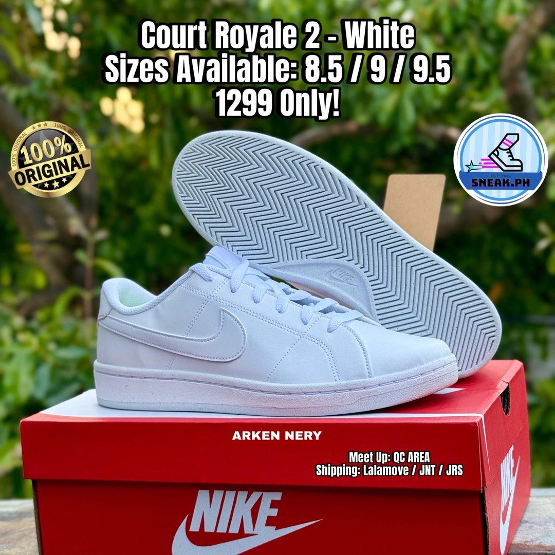Nike Court Royale 2 White (Category: Sneakers) located in Quezon City. Submitted by TJMBART (Listing ID 1429631869, Image 1). Description: NIKE COURT ROYALE 2 WHITE SIZES AVAILABLE: 8.5 / 9 / 9.5 1299 ONLY! (PRICE / SIZE INDICATED ON THE PHOTOS) BRAND NEW 💯 ORIGINAL 💯 Qc/Manila/Novaliches Area Meet ups 📍 Can do shipping via J & T / JRS / LALAMOVE 🛵🚚 Payment via Gcash / BPI.