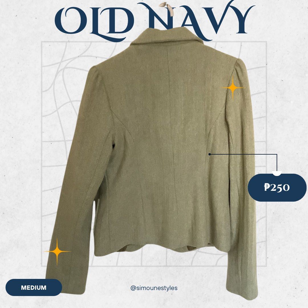 Old Navy Blazer - Medium (Category: Coats, Jackets and Outerwear) located in Manila. Submitted by simounestyles (Listing ID 1429627331, Image 2). Description: - Olive green blazer from Old Navy - ANY 5 ITEMS, LESS 10% on entire bill - impulsive buy; barely used.