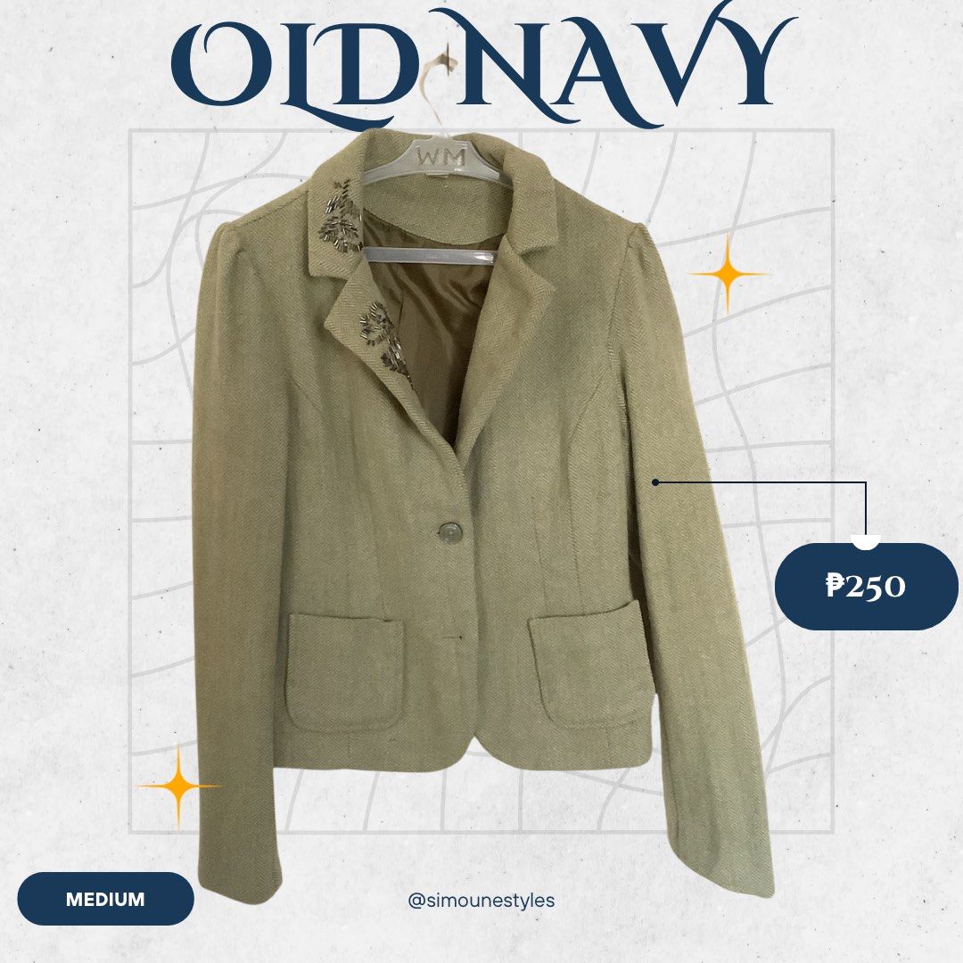 Old Navy Blazer - Medium (Category: Coats, Jackets and Outerwear) located in Manila. Submitted by simounestyles (Listing ID 1429627331, Image 1). Description: - Olive green blazer from Old Navy - ANY 5 ITEMS, LESS 10% on entire bill - impulsive buy; barely used.