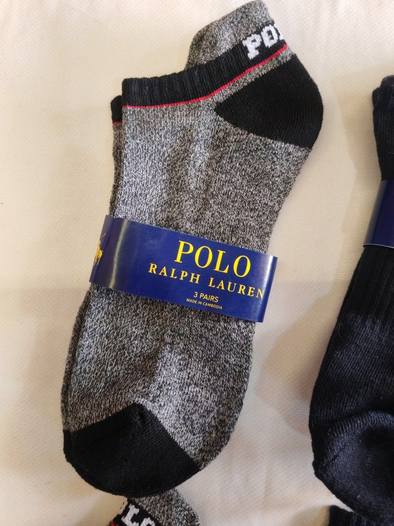ORIGINAL Polo Ralph Lauren Ankle Socks (Category: Sneakers & Footwear) located in Quezon City. Submitted by rowem (Listing ID 1429566717, Image 2). Description: 420 - Pair 800- 2pairs 1100 - 3Pairs Negotiable Set of Polo Ralph Lauren ankle socks. Each pack contains three pairs. Available in gray, black, and light gray colors. Features the Polo Ralph Lauren logo on the socks. Made in Cambodia. This product is a pack of Polo Ralph Lauren Three Pack