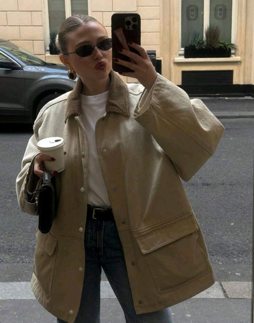 Oversized Beige Jacket M-L (Category: Coats, Jackets and Outerwear) located in Quezon City. Submitted by trishopstuff (Listing ID 1429584145, Image 3). Description: Oversized beige jacket features a corduroy collar and two front pockets. It has a button-up closure and long sleeves. The measurements are: shoulder 57cm, bust 108cm, length 71cm, and sleeve length 54cm. A versatile piece perfect for layering. Brand new, never been used. Best fits M-L