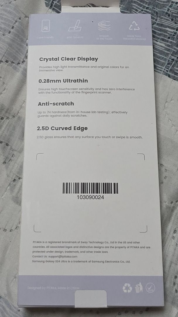 PITAKA Ultra Thin HD Clear Glass Screen Protector for S24 Ultra (Category: Cases & Sleeves) located in Quezon City. Submitted by redcrayonaristocrat (Listing ID 1429585358, Image 2). Description: LAST PRICE NO SWAPS Bought in Aug 2024 Brand new and sealed Thin and super clear tempered glass for Galaxy S24 Ultra For S24U only - If gusto nyo ipilit for a different model, wala na ako dyan RFS: Upgraded to S26 Ultra Refer to Deal method for location 