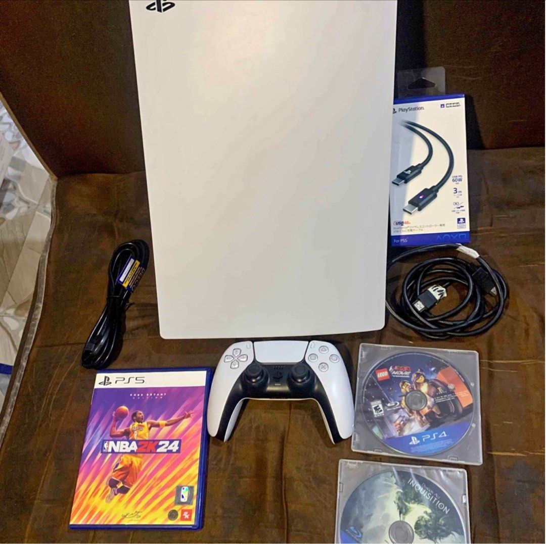 PlayStation 5 with Games (Disc Version) (Category: PlayStation) located in Manila. Submitted by takemystuffbuymystuff (Listing ID 1429631171, Image 1). Description: FOR SALE PS5 PHAT DISC VERSION 💿🎮 • 1 Controller • 3 Physical Games - NBA 2K24 - LEGO - INQUISITION • Complete Cables • No Box No issues, Good condition.