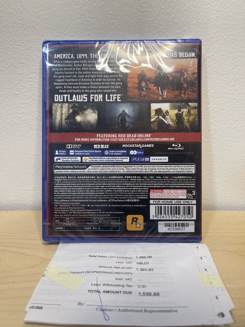 PS4 Red Dead Redemption 2 (Brand New & Sealed) (Category: PlayStation) located in Pasig City. Submitted by tjfindspreloveditems (Listing ID 1429542931, Image 2). Description: 🎮 FOR SALE: PS4 Red Dead Redemption 2 (Brand New & Sealed) 💰 ₱1,290 ⸻ 📦 Inclusions: • Brand new sealed game • Original case (unopened) ⸻ ✅ Condition: • Brand new – sealed • Never used • Perfect for collectors or gifting 🎁 ⸻ 📍 Ortigas Meetup (check before payment) 🚚 Lal