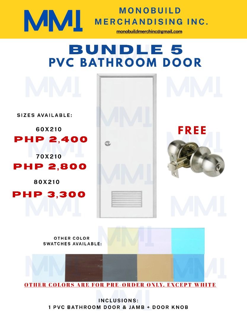 BUNDLE 5: PVC DOOR [IN-STOCK] (Category: Locks, Doors & Gates) located in Quezon City. Submitted by monobuild_merchandising (Listing ID 1429542570, Image 1). Description: ‼️ AVAILABLE IN STOCK ‼️ 📌PVC DOOR -available with / without louver - with door jamb - PM for more info and other inquiries Down payment is NON-REFUNDABLE 📍INCLUSIONS: 1 pc PVC door 1 pc doorknob lockset 1 set Hinges AVAILABLE SIZES: 60 x 210 70 x 210 80 x 210 💵 MOP Gcash / P