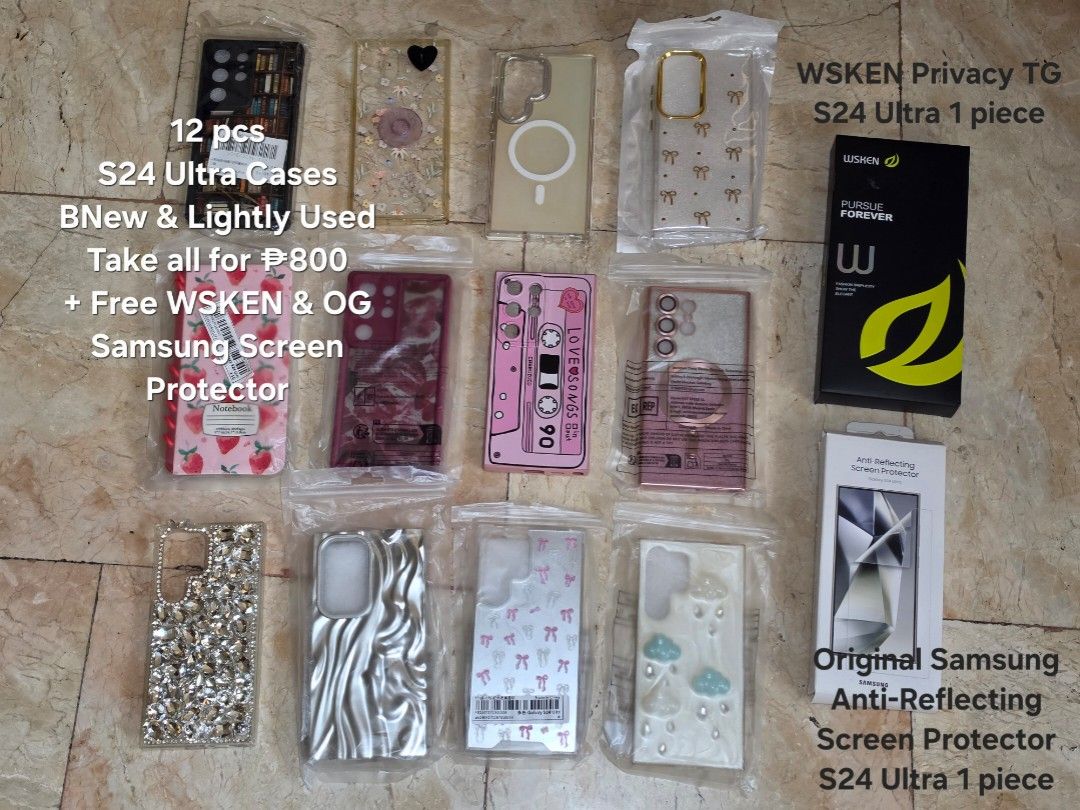 Samsung S24 Ultra Case and Screen Protector Bundle (Category: Cases & Sleeves) located in Cainta. Submitted by ellesellsthese (Listing ID 1429552220, Image 2). Description: Selling 12 pcs S24 Ultra Cases Mixed of Brand New & Lightly Used please manage your expectations ‼️ FREE WSKEN Privacy TG 1pc & Original Samsung Anti-Reflecting Screen Protector 1pc with installation kits‼️ ₱ 499 Last price No breaking of bundle RFS: sold my S24U, decluttering