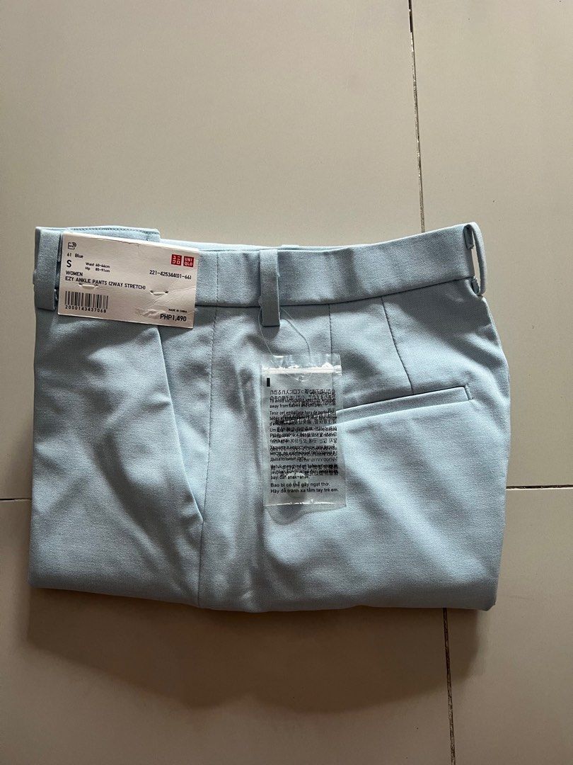 Uniqlo Slacks (Category: Other Bottoms) located in Quezon City. Submitted by ex-box (Listing ID 1429546794, Image 1). Description: Women EZY Ankle Pants (2 way Stretch) Size: Small Waist 60-66cm Hip 85-91cm Color: Blue / Light Blue .