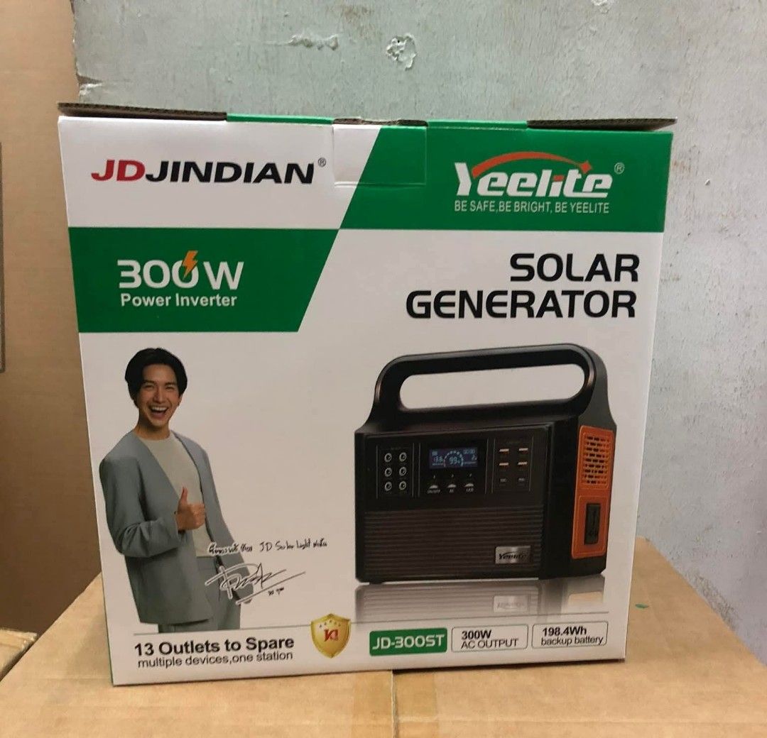Yeelite JD-300ST 300W Solar Generator (Category: Construction Tools & Equipment) located in Manila. Submitted by nikkoshop (Listing ID 1429595787, Image 2). Description: Yeelite JD-300ST is a 300W Solar Power Generator with 13 outlets. It features a built-in LED light and a digital display. The generator has an AC input and a 198.4Wh backup battery. It is a portable power station for multiple devices..