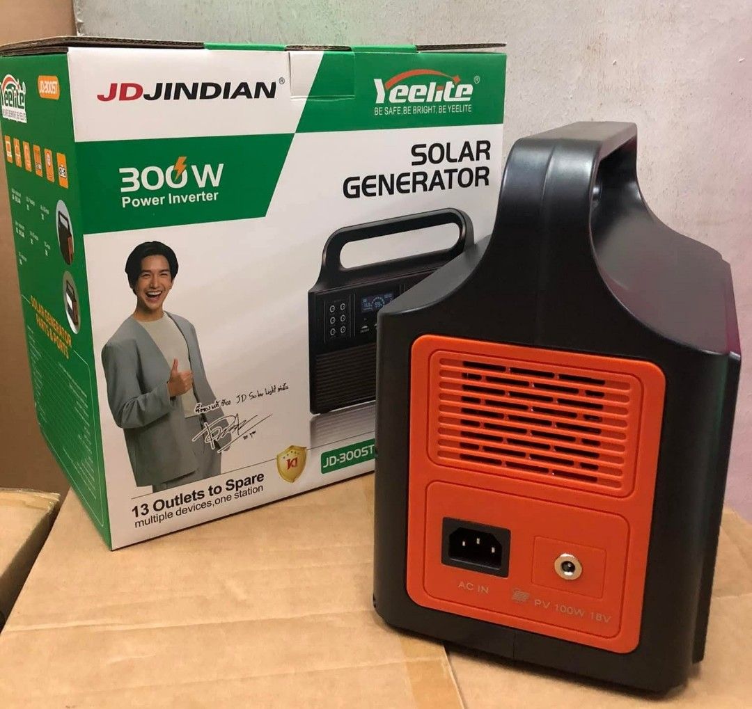 Yeelite JD-300ST 300W Solar Generator (Category: Construction Tools & Equipment) located in Manila. Submitted by nikkoshop (Listing ID 1429595787, Image 3). Description: Yeelite JD-300ST is a 300W Solar Power Generator with 13 outlets. It features a built-in LED light and a digital display. The generator has an AC input and a 198.4Wh backup battery. It is a portable power station for multiple devices..