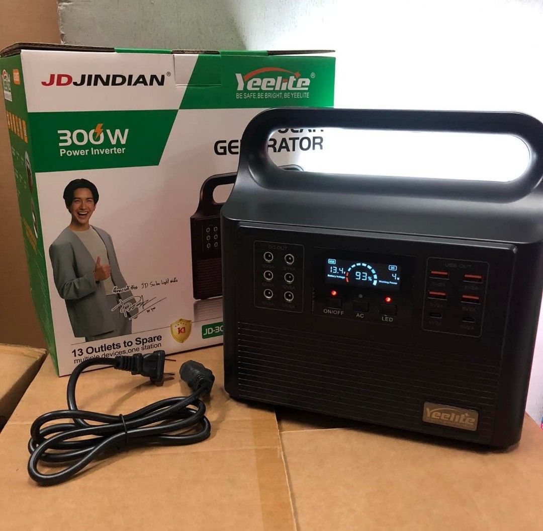 Yeelite JD-300ST 300W Solar Generator (Category: Construction Tools & Equipment) located in Manila. Submitted by nikkoshop (Listing ID 1429595787, Image 1). Description: Yeelite JD-300ST is a 300W Solar Power Generator with 13 outlets. It features a built-in LED light and a digital display. The generator has an AC input and a 198.4Wh backup battery. It is a portable power station for multiple devices..