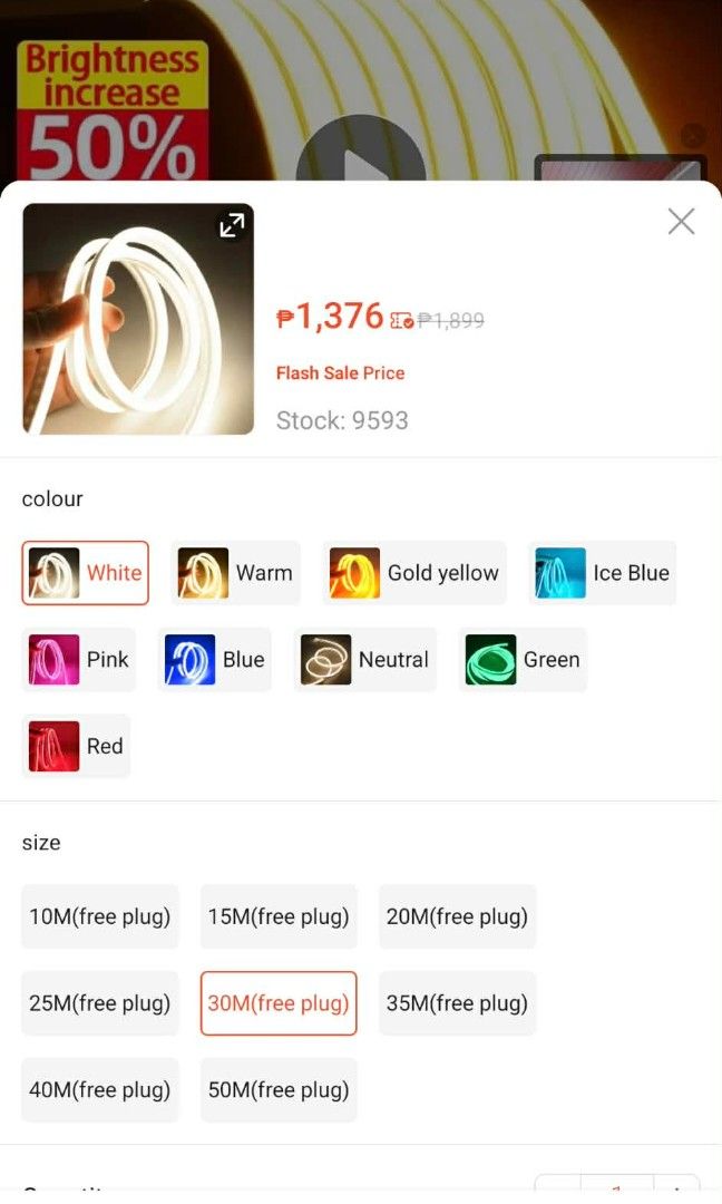 30 Meters LED Light - Warm Color (Category: Lighting) located in Manila. Submitted by gene.lugar (Listing ID 1426074538, Image 2). Description: 1 STOCK ONLY-PROMO!!!! 30-meter LED light with warm color. Features include 220V, waterproof, plug and play, flexible, and energy-saving. Perfect for adding ambient lighting to any space. Located in Guitnang Bayan 1, San Mateo, Rizal..