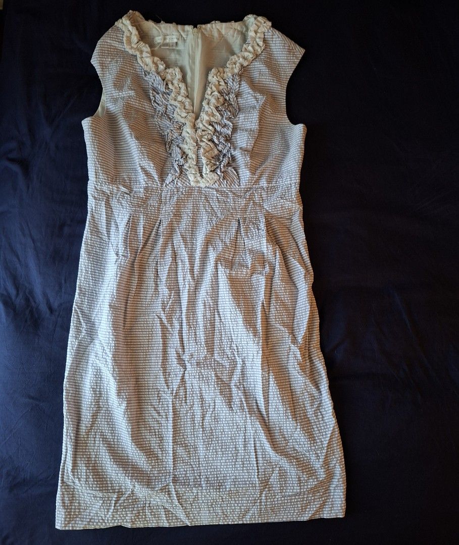Branded Sleeveless Dress Size 14 (Category: Dresses) located in Mandaue City. Submitted by fsmfsm (Listing ID 1431209416, Image 1). Description: Sleeveless dress from London Times features a blue and white striped pattern. It has a V-neckline with ruffle detailing. The dress is a size 14 and has a zipper closure at the back. -like new - 38.5" x 20" from armpit to armpit - powder blue and white.