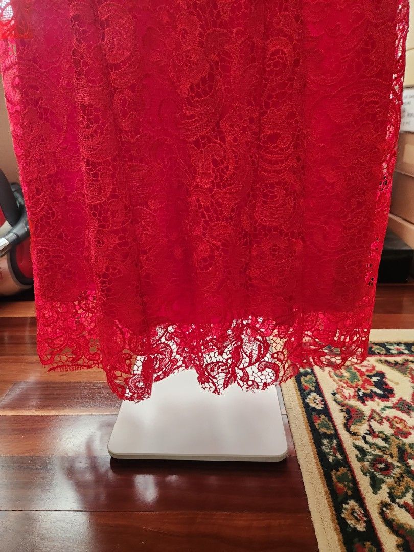 Chinese lace dress and shoes (Category: Women's Clothes) located in Sydney. Submitted by reginacee_ (Listing ID 1431188324, Image 3). Description: - Red Chinese lace dress size 5XL (brand new with tag. Refer to sizing chart photo) $60 - Red heels with dragon print 24.5cm foot length (worn for a couple of hours during a Chinese wedding tea ceremony) $35 Selling as a set for $88 otherwise individual prices above. Postage at Buyer's expense otherwis