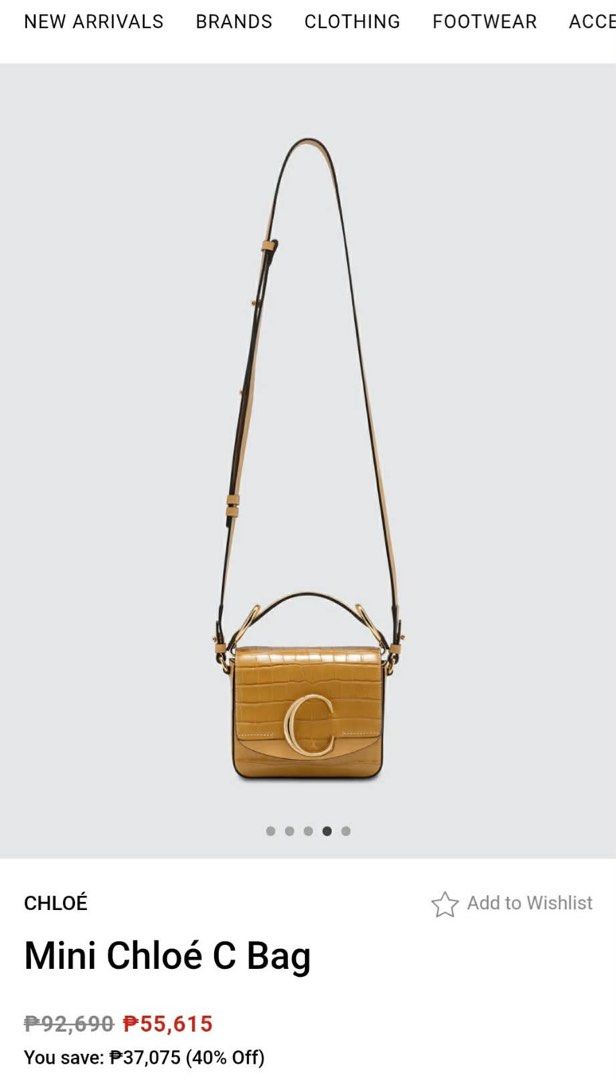 Chloe C Croc-Embossed Shoulder Bag (Category: Luxury Bags & Wallets) located in Cebu City. Submitted by gabgaaab (Listing ID 1431287974, Image 2). Description: Chloé C Mini Shiny Croco-Effect Shoulder Bag - Excellent Condition - Crocodile-embossed calfskin leather - Color: Honey Gold / Sepia Brown - Gold-tone “C” logo and hardware - Interior: Beige canvas lining with one flat pocket - Top handle, adjustable/removable crossbody strap, and push-loc