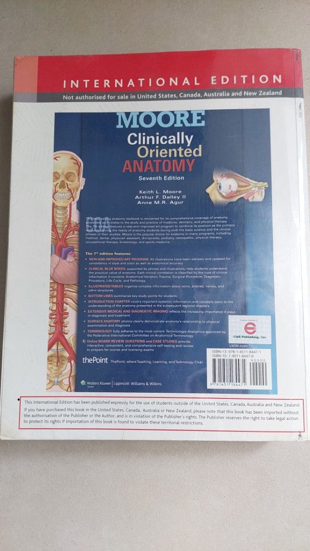 Clinically Oriented Anatomy by Moore (Category: Textbooks) located in Taguig. Submitted by danilc (Listing ID 1431206487, Image 2). Description: Clinically Oriented Anatomy by Moore 700 pesos Authentic Colored book Heavily Used Covered with Plastic Wrap (some tearing) Still with intact pages 50% of pages with highlights and notes Some post it with written notes Some stains on book edges RFS: Decluttering Payment: Gcash/ BPI Shipping: c/o buyer (T