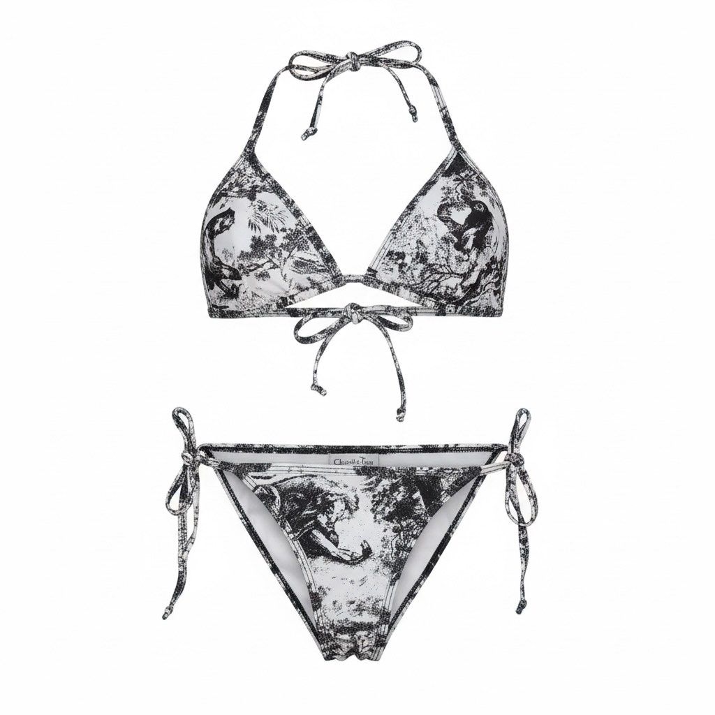 Dior Toile de Jouy Bikini (Category: Bikinis & Swimsuits) located in Marikina City. Submitted by stolenph (Listing ID 1431316581, Image 1). Description: Dior bikini features the iconic Toile de Jouy print in black and white. It has a halter top with a tie closure and matching tie-side bottoms. The design showcases a detailed pattern with various figures and scenes. A stylish and elegant swimwear piece..