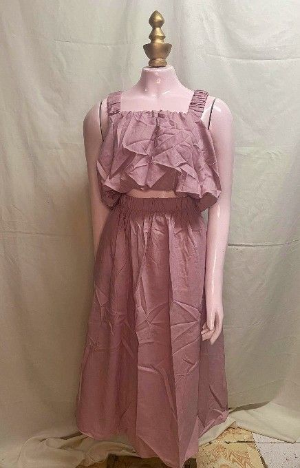 Dusty Rose Two-Piece Dress Set (Category: Dresses) located in Malabon City. Submitted by WanderThingsPH (Listing ID 1431275321, Image 2). Description: - Two-piece dress set #boho #casual - SIze: Best fit small to large - Color: Dusty Rose - Top: Square neckline, ruffled details - Skirt: Midi length, elastic waistband - Perfect for casual or special occasions.